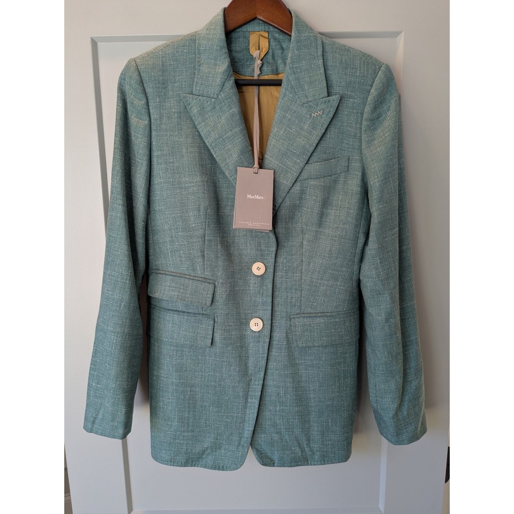 NWT Max Mara Pavido Teal Blue Wool Silk Linen Cashmere Blazer Jacket IT 44 US 10